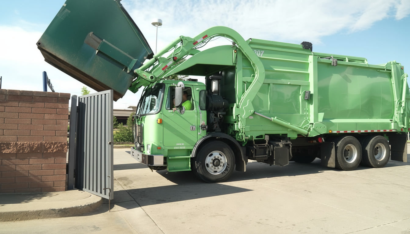 Commercial front-loader truck picking up a large dumpster