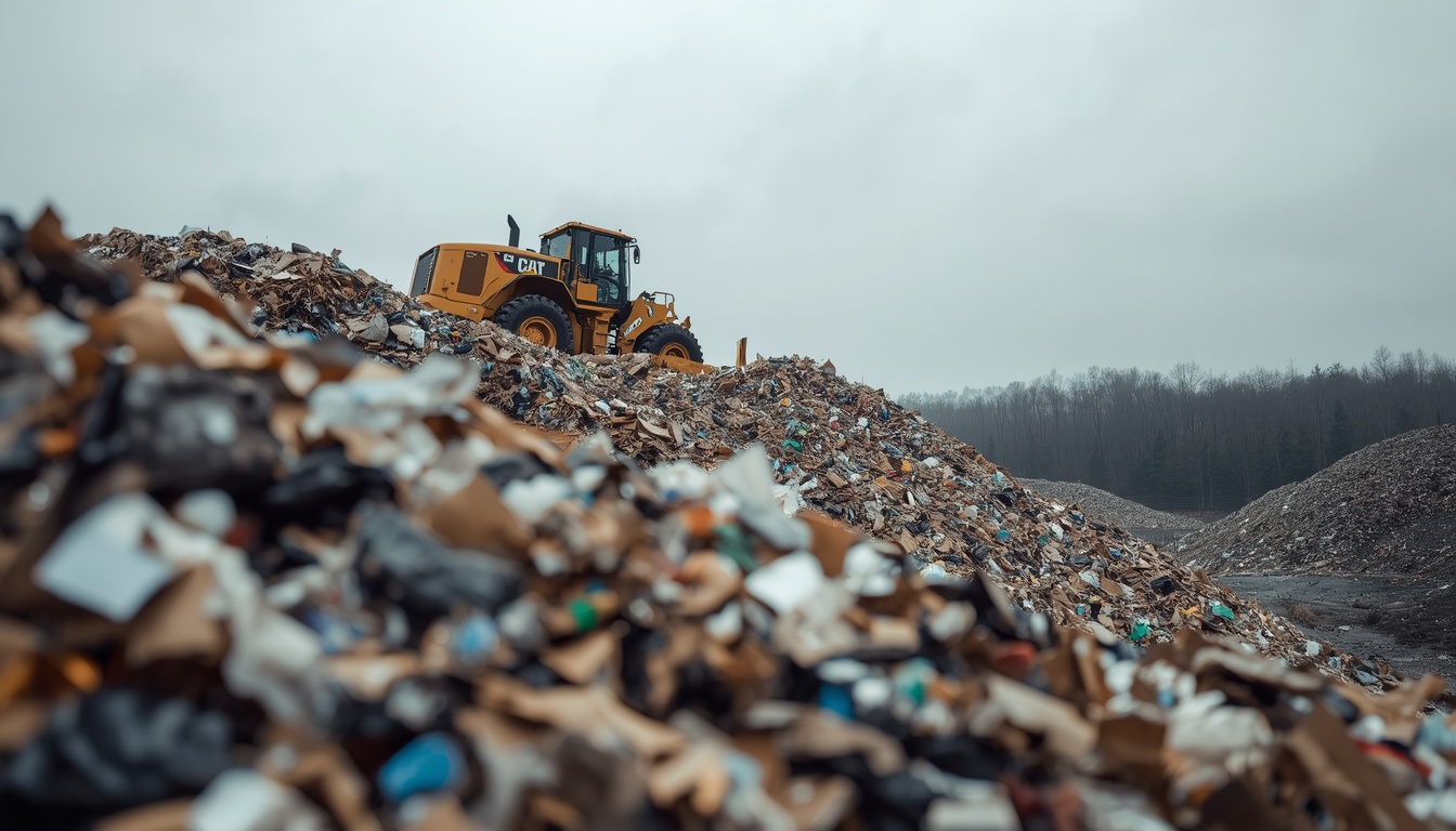 Municipal landfill bulldozer at a waste management facility