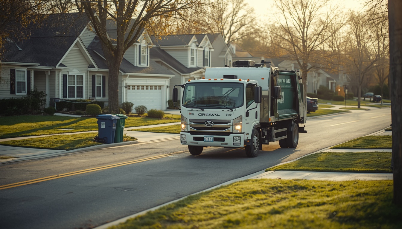 Residential waste collection truck on a suburban neighborhood street