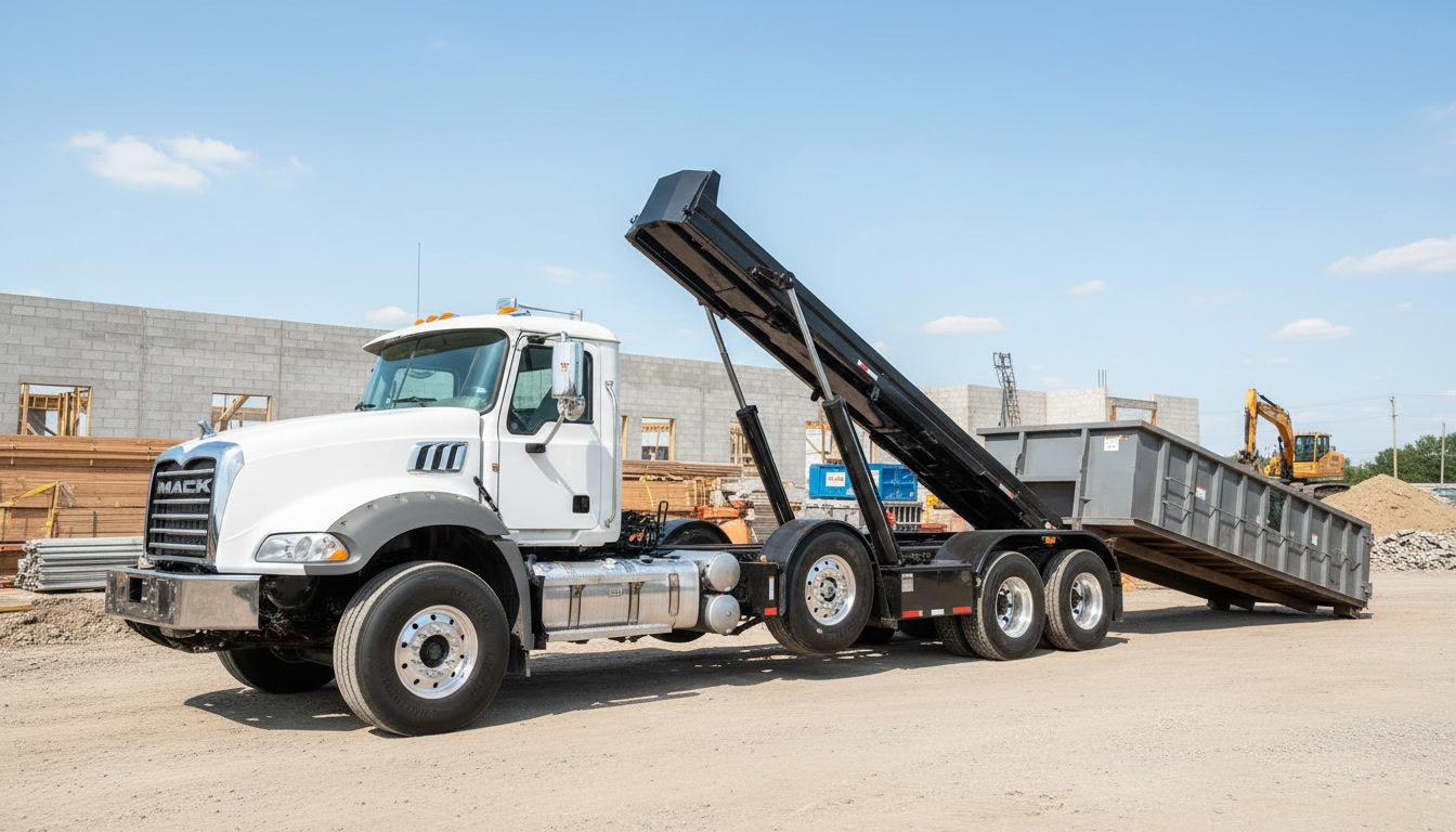 Roll-off truck placing a container at a construction job site